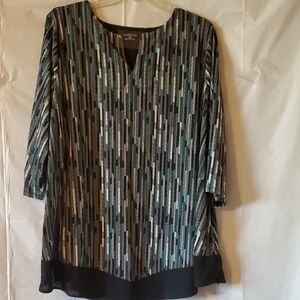 Catherines Black and Teal Striped 3X Tunic Feather Pattern Like New